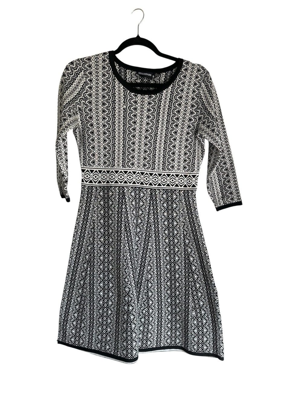 Nina Leonard Black and White Patterned Long-Sleeve Fit & Flare Dress